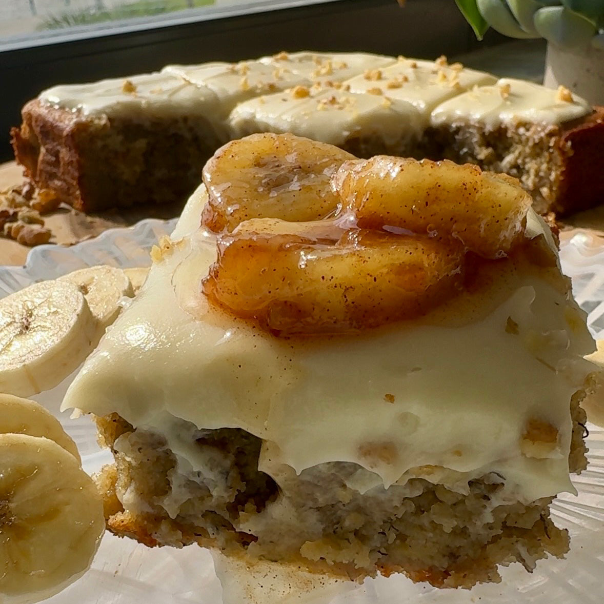 Brown Butter Banana Cake with Cream Cheese Frosting & Caramelized Bananas