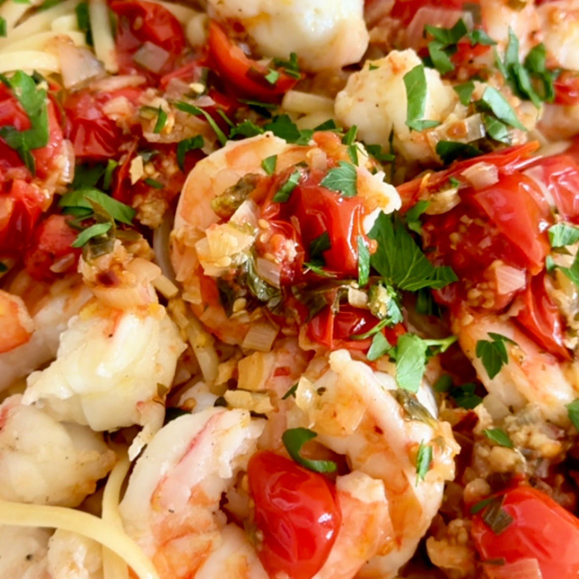 Linguine with Shrimp, Garlic, Shallots, Cherry Tomatoes + White Wine